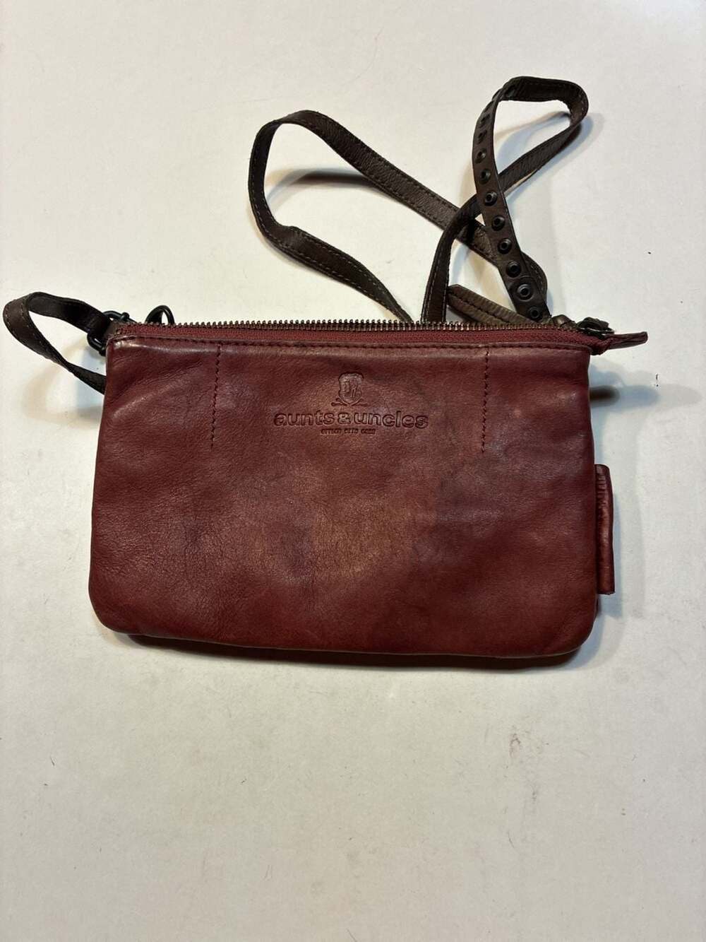 Aunts & Uncles Maroon Leather Small Crossbody Bag with Studded Strap